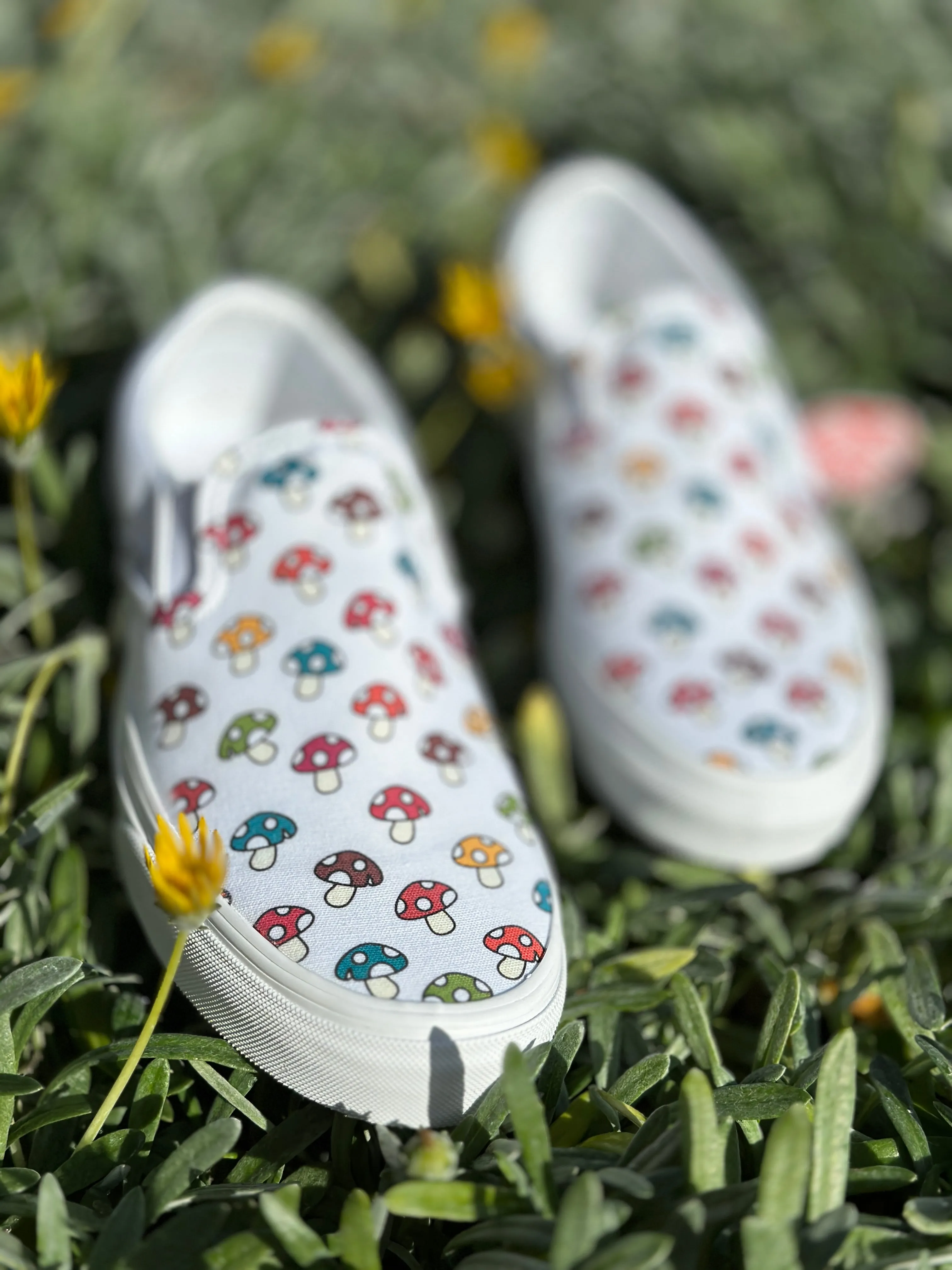 Custom Vans Mushy Mushroom - White Slip On Shoes - Custom Vans Shoes