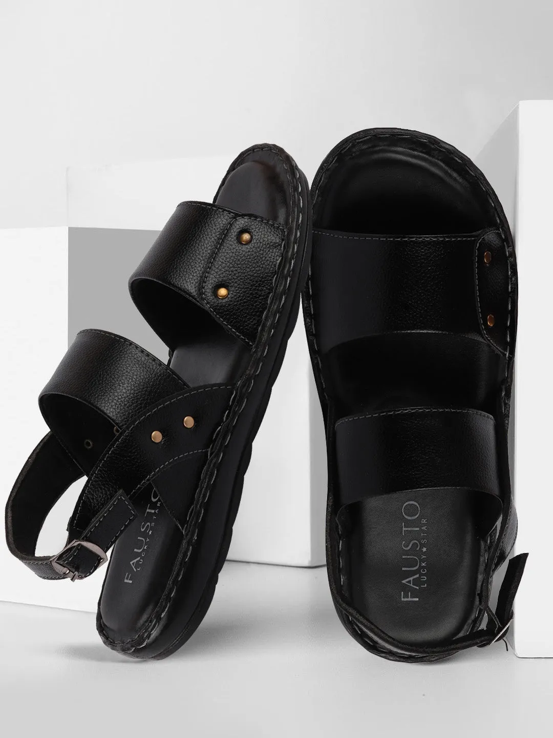 Men Black Formal Hook & Loop Outdoor Sandals