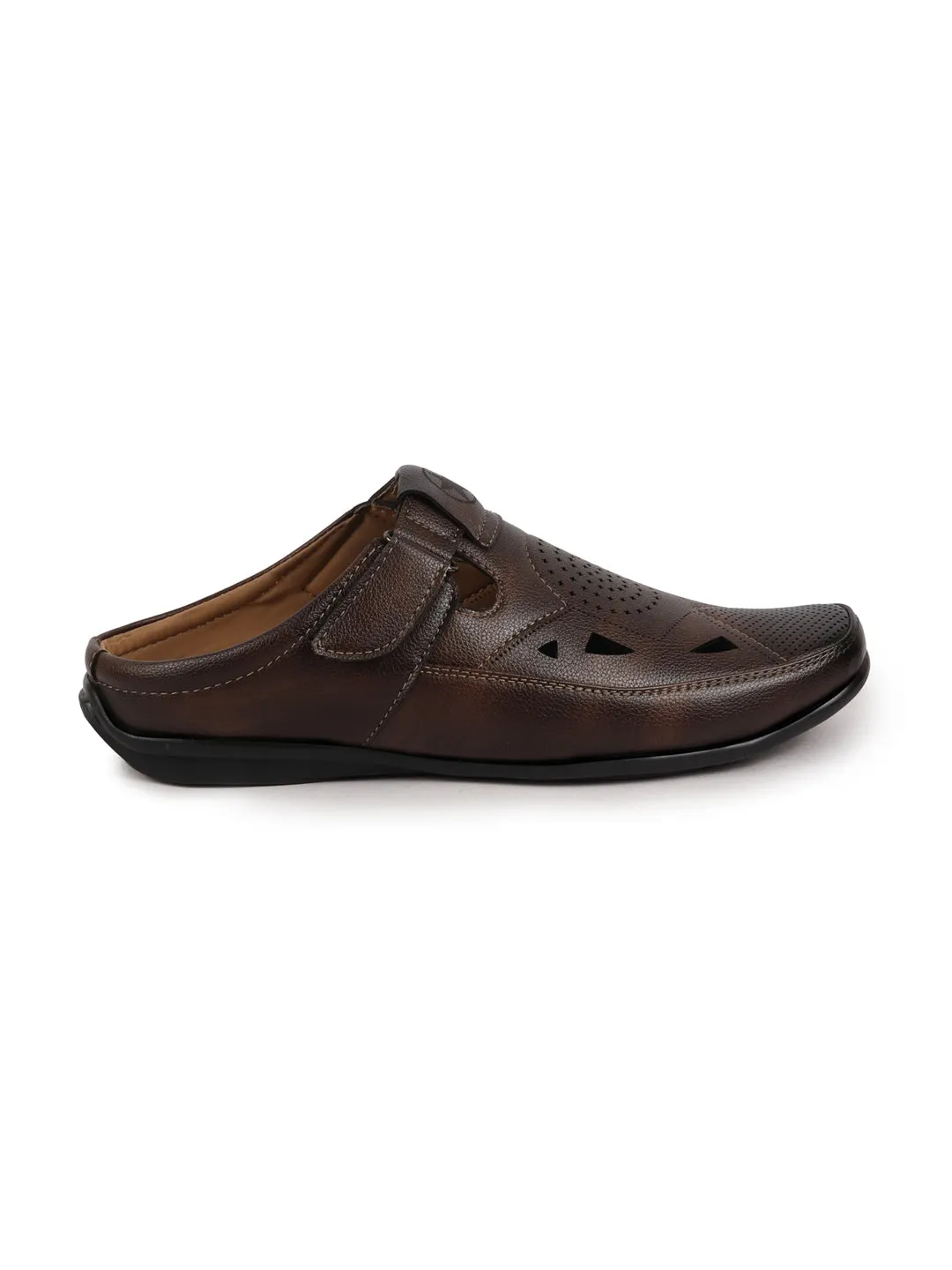 Men Brown Back Open Perforated Breathable Formal Sandal|Adujstable Strap Stitched Slip On Sandal