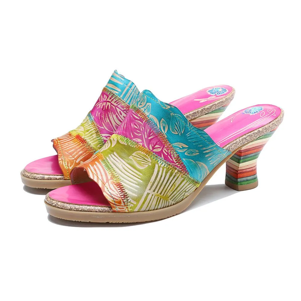 "Leafy" Retro Hand-Painted Leather Sandals