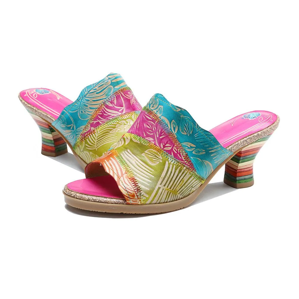 "Leafy" Retro Hand-Painted Leather Sandals