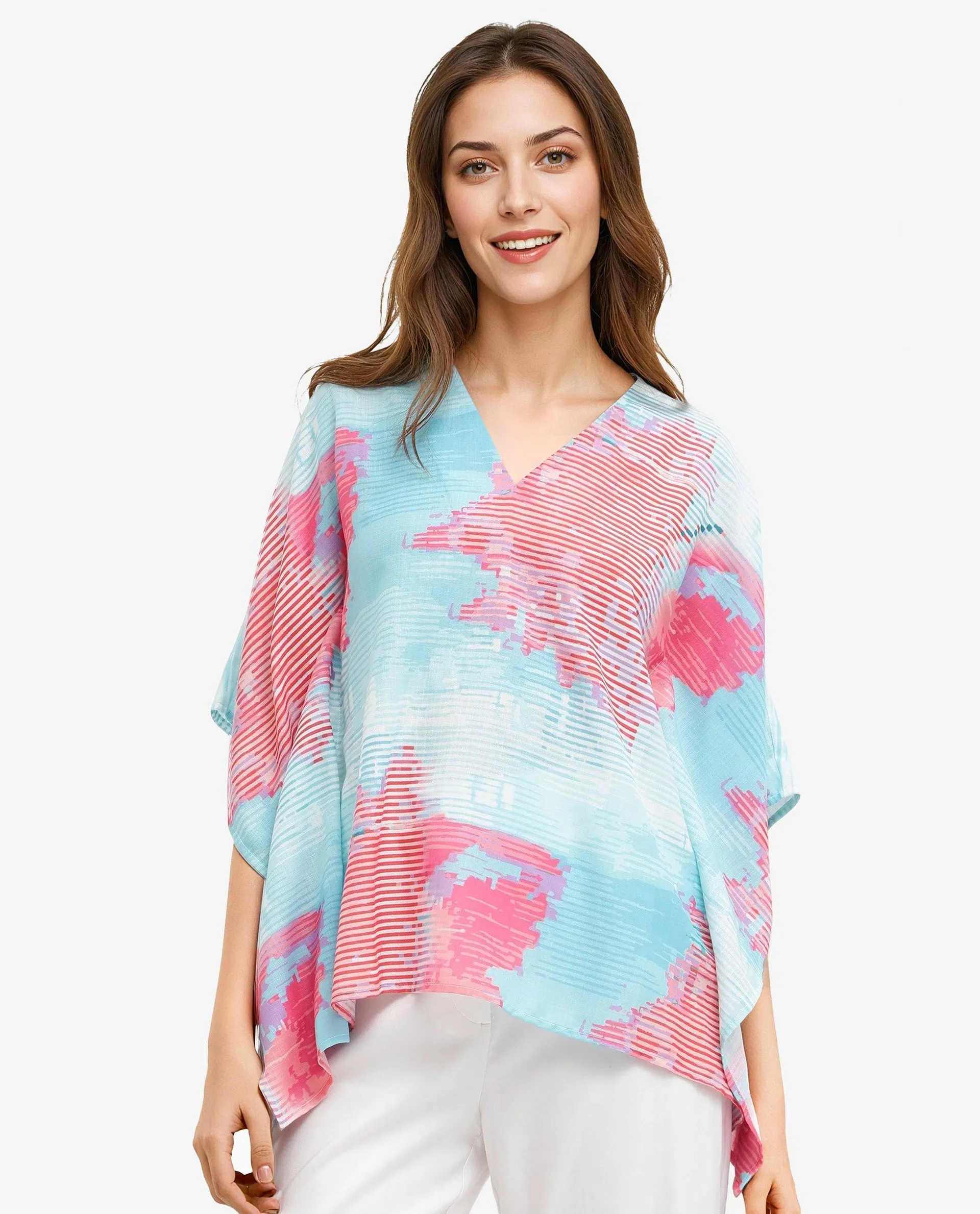 Rareism Women Arial Light Blue Linen Abstract Print V-Neck Top