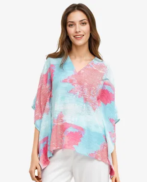 Rareism Women Arial Light Blue Linen Abstract Print V-Neck Top