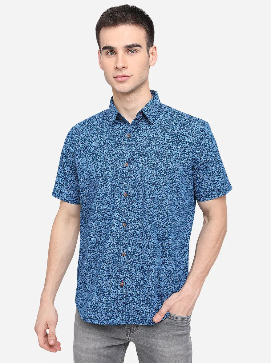 Royal Blue Printed Classic Fit Semi Casual Shirt | Greenfibre