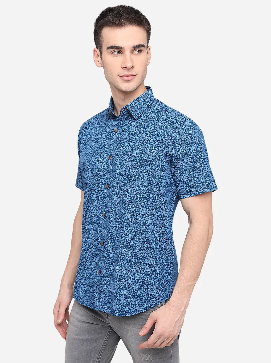 Royal Blue Printed Classic Fit Semi Casual Shirt | Greenfibre