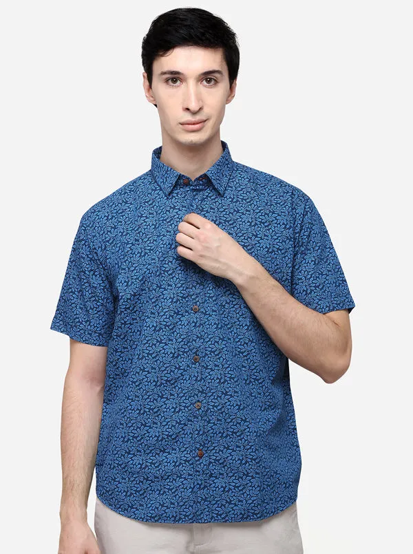 Royal Blue Printed Classic Fit Semi Casual Shirt | Greenfibre