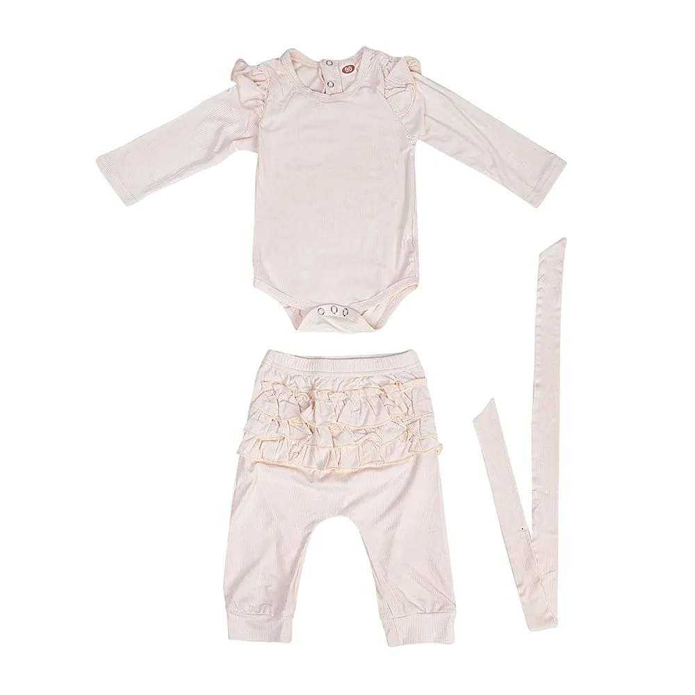 Ruffle Full Sleeve Cream 2 Piece Romper Set