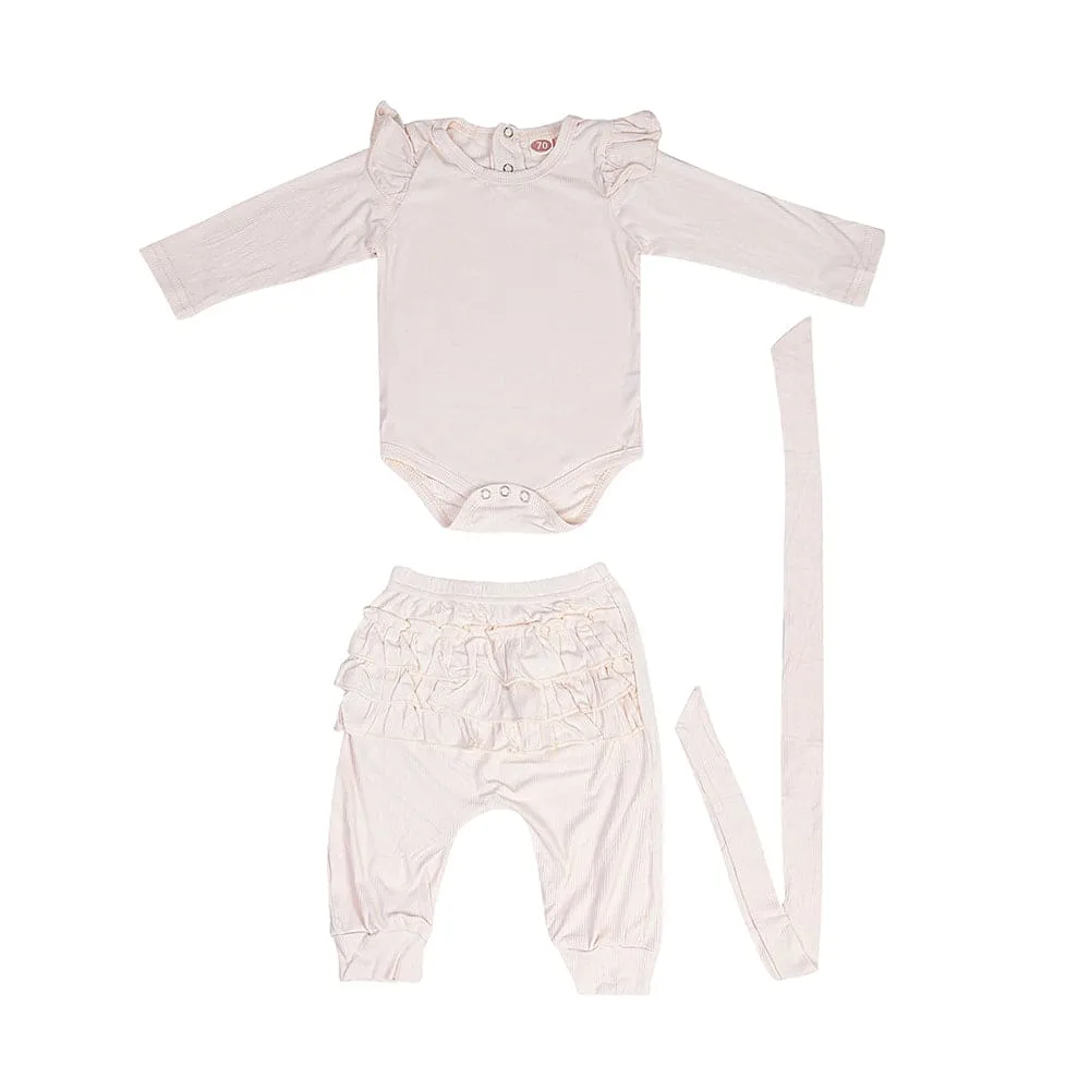 Ruffle Full Sleeve Cream 2 Piece Romper Set