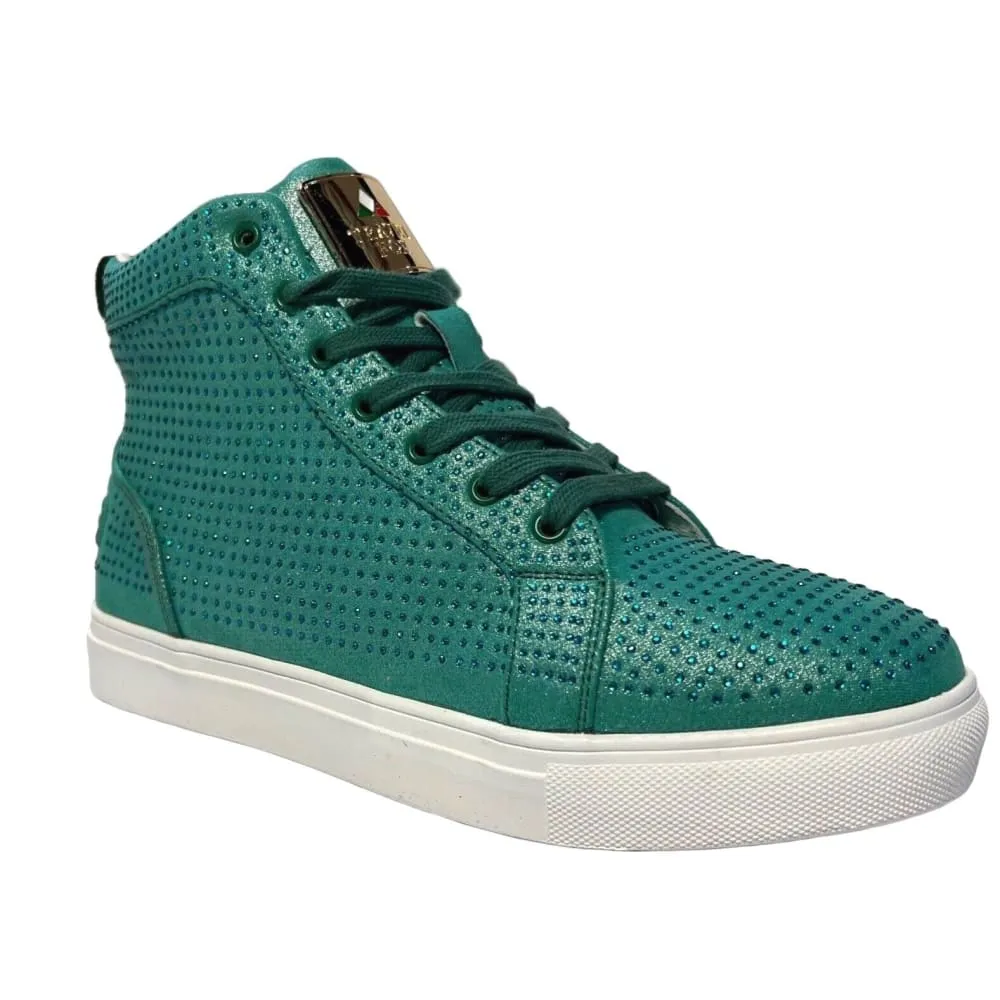 Travel Fox Men's Green Rhinestone Leather High Top Sneakers 9210-27