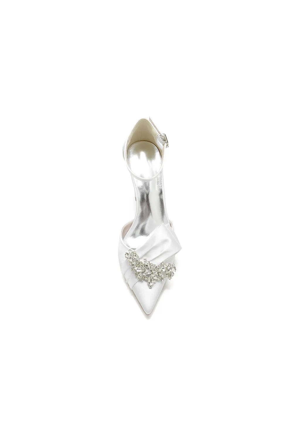 White Satin Heels Featuring a Large Decorative Bow and Metallic Heel